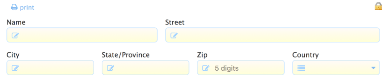 Example of a simple example contact form with Name, Street, City, State/Province, Zip Code and Country fields.