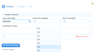 Leave Request Form with Leave Start Date, Annual Leave available and sick Leave Available columns.