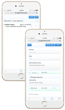 2 iPhones: one showing Manager Approval on Task List and seocnd one showing Manager Approval section for Leave Approval workflow.