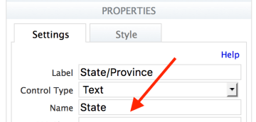 Properties panel for the State/Province field in the Simple Contact form. The control name, state matches the column name in the Google Spreadsheet.