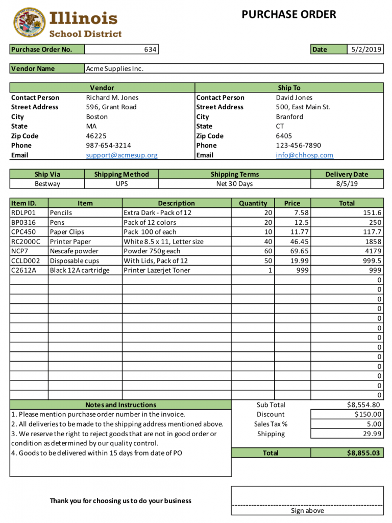A typical Excel purchase order